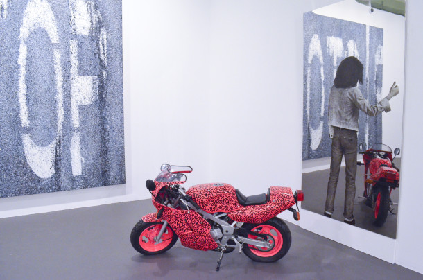 Michaelangelo Pistoletto, 1962-79, Gray Hitch Hiker with [LA II (Angel Ortiz), Untitled (Pink Motorcycle), 1991] with Richard Sigmund, STOP, 1983